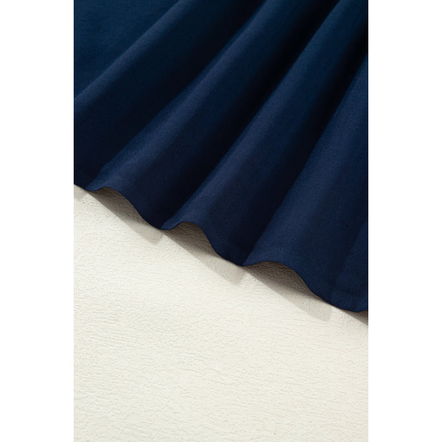 Navy Blue Button Detail Leopard Metallic Trim Short Sleeve Tunic Dress Dresses/Mini Dresses