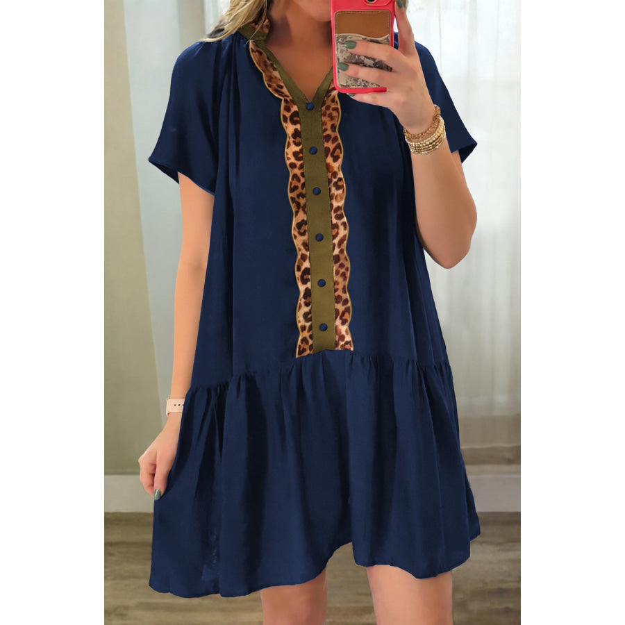 Navy Blue Button Detail Leopard Metallic Trim Short Sleeve Tunic Dress Dresses/Mini Dresses
