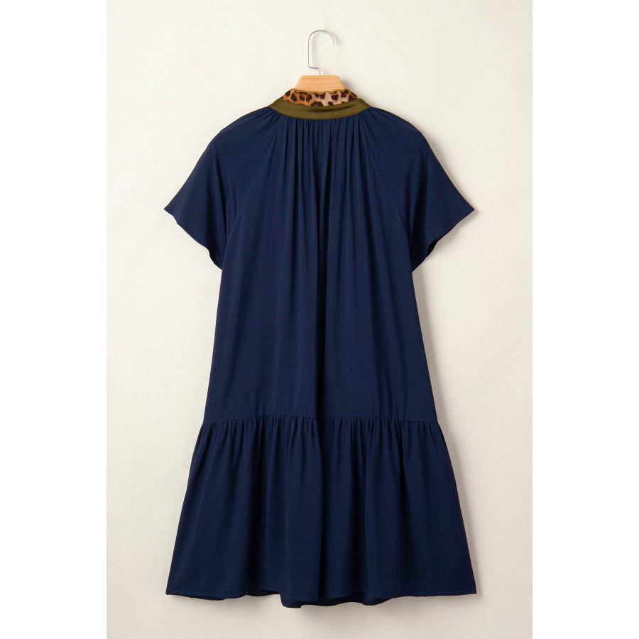 Navy Blue Button Detail Leopard Metallic Trim Short Sleeve Tunic Dress Dresses/Mini Dresses