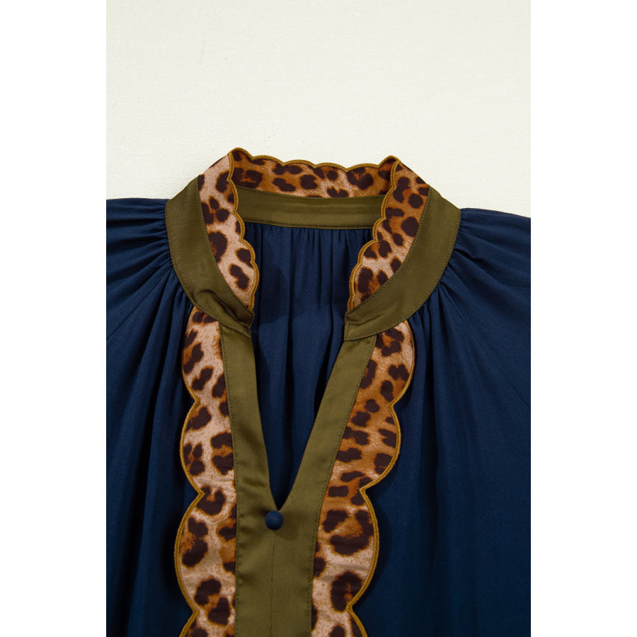 Navy Blue Button Detail Leopard Metallic Trim Short Sleeve Tunic Dress Dresses/Mini Dresses