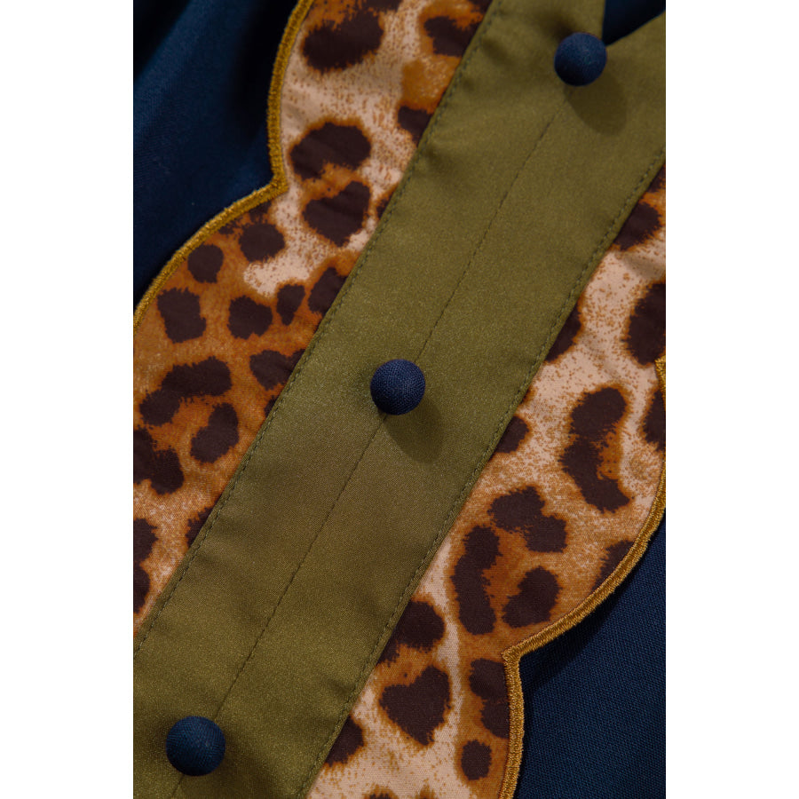 Navy Blue Button Detail Leopard Metallic Trim Short Sleeve Tunic Dress Dresses/Mini Dresses