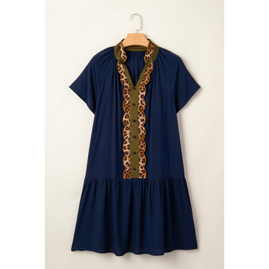 Navy Blue Button Detail Leopard Metallic Trim Short Sleeve Tunic Dress Navy Blue / S / 100% Viscose Dresses/Mini Dresses