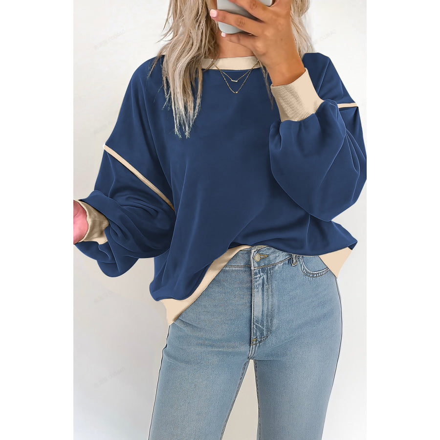 Navy Blue Colorblock Drop Shoulder Pullover Sweatshirt / S / 65% Polyester + 35% Cotton Tops/Sweatshirts & Hoodies