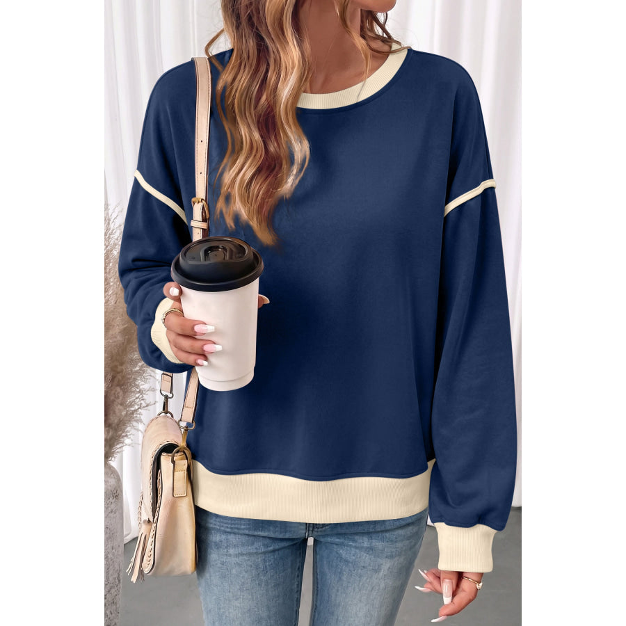 Navy Blue Colorblock Drop Shoulder Pullover Sweatshirt Tops/Sweatshirts & Hoodies