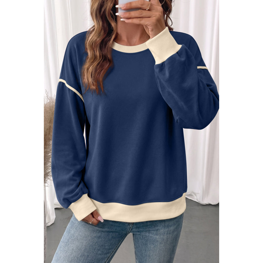 Navy Blue Colorblock Drop Shoulder Pullover Sweatshirt Tops/Sweatshirts & Hoodies