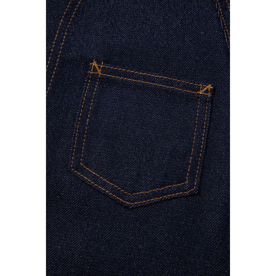 Navy Blue Contrast Collar Stitched Detail Button Denim Jacket Outerwear/Denim jackets