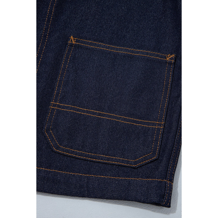 Navy Blue Contrast Collar Stitched Detail Button Denim Jacket Outerwear/Denim jackets