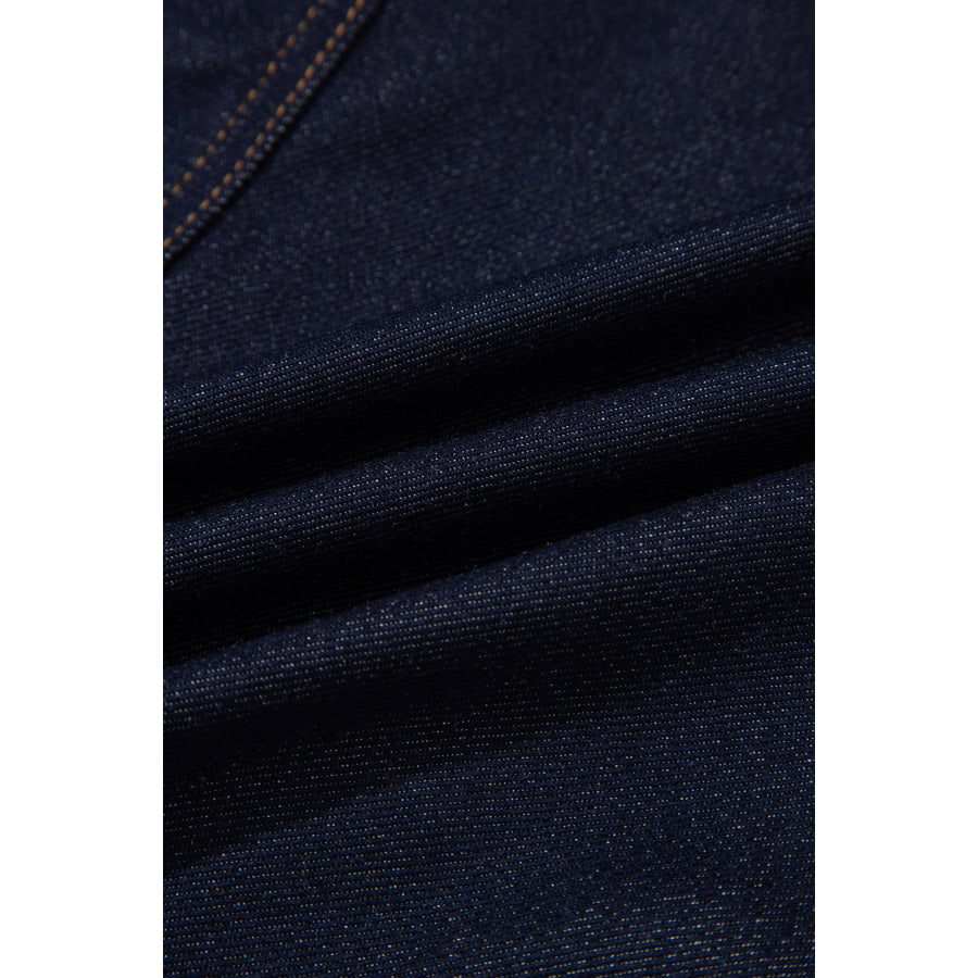 Navy Blue Contrast Collar Stitched Detail Button Denim Jacket Outerwear/Denim jackets