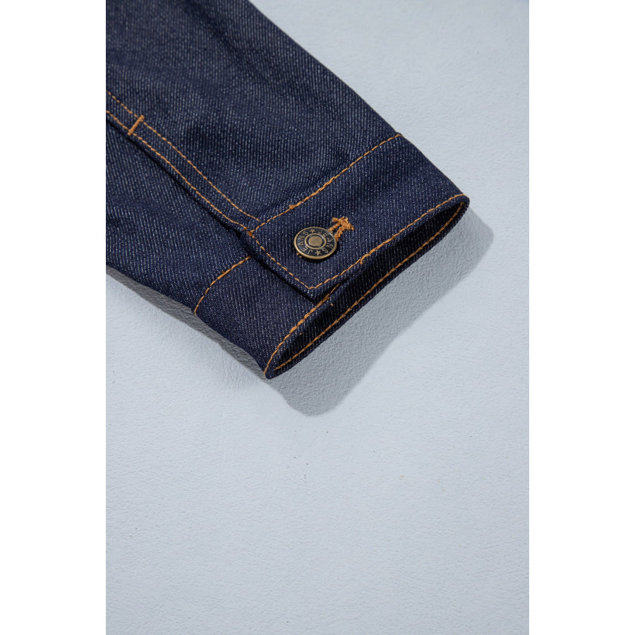 Navy Blue Contrast Collar Stitched Detail Button Denim Jacket Outerwear/Denim jackets