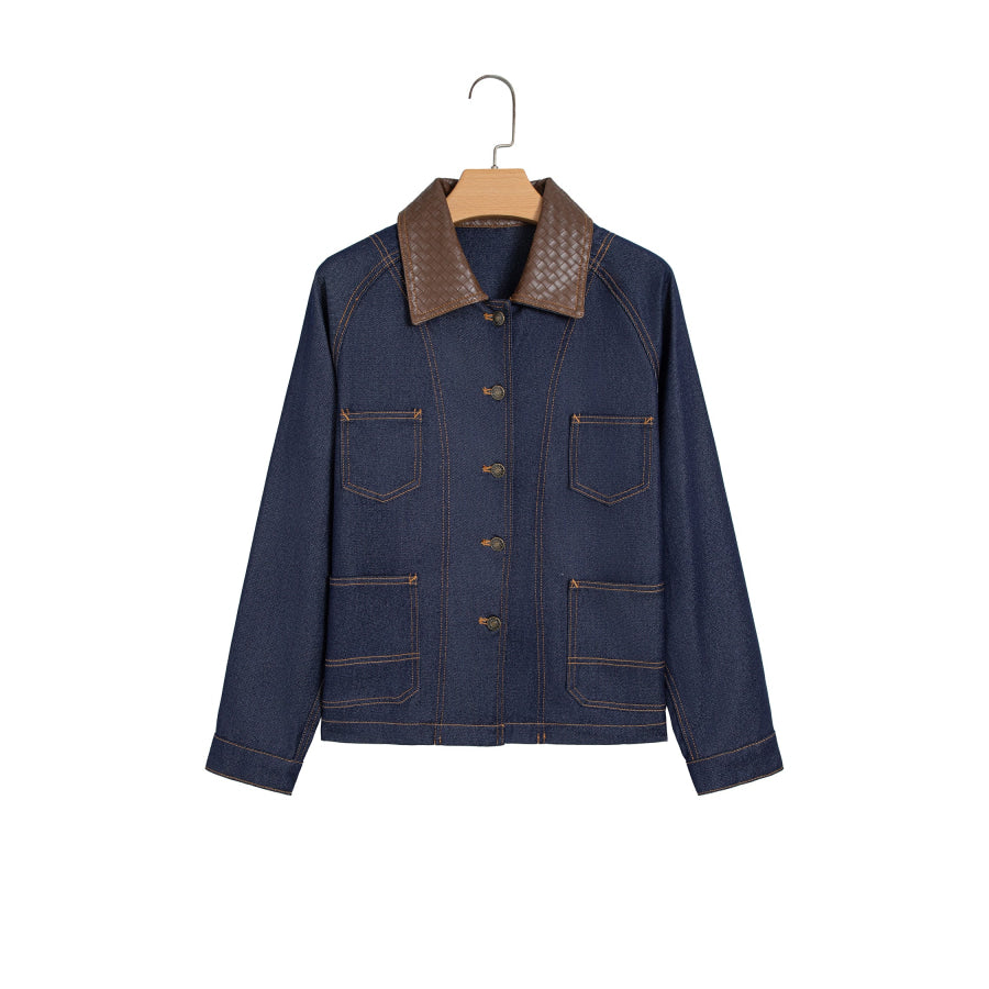 Navy Blue Contrast Collar Stitched Detail Button Denim Jacket Outerwear/Denim jackets