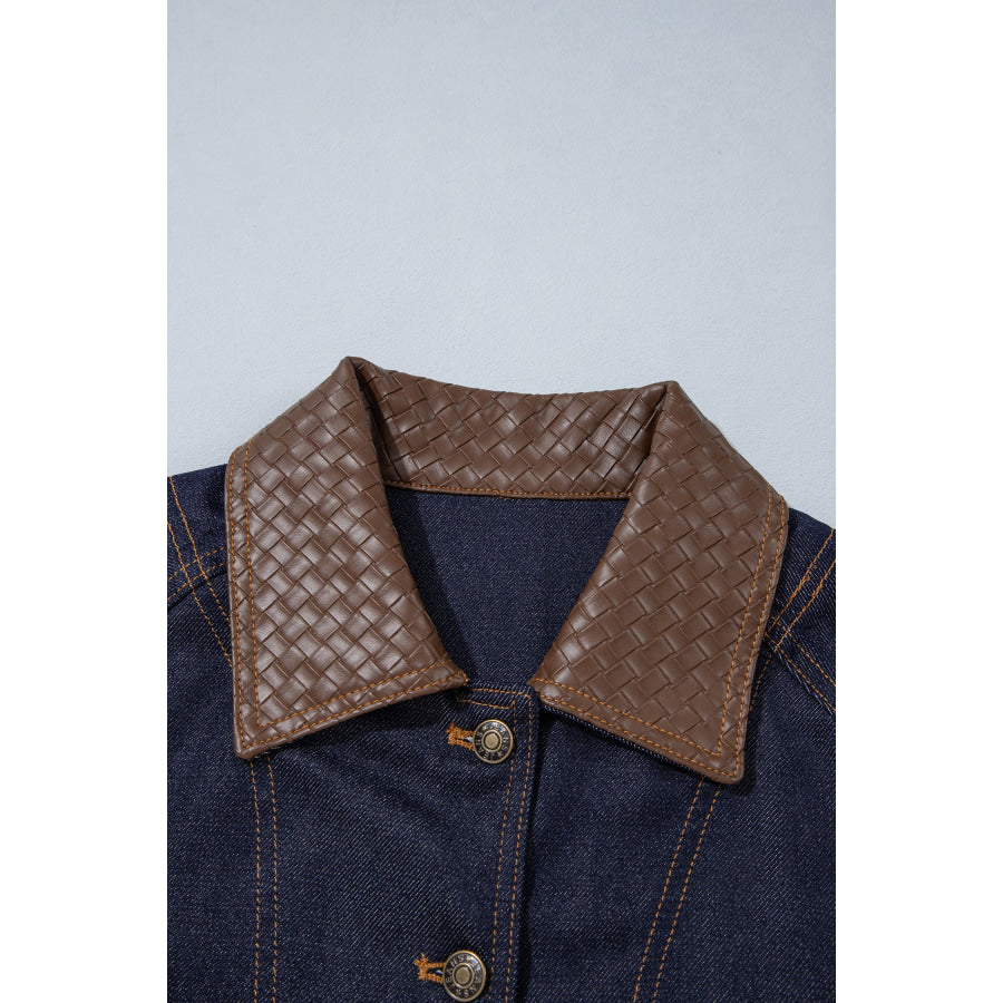Navy Blue Contrast Collar Stitched Detail Button Denim Jacket Outerwear/Denim jackets