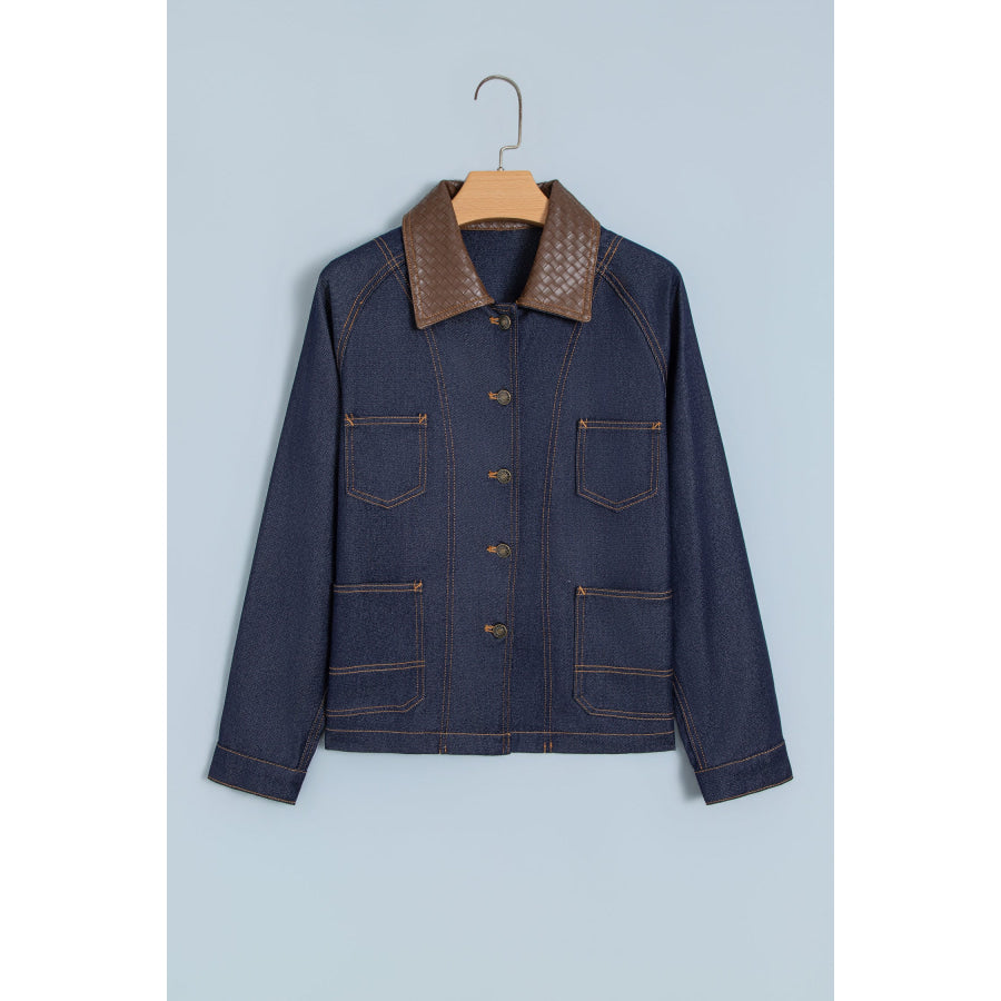 Navy Blue Contrast Collar Stitched Detail Button Denim Jacket Outerwear/Denim jackets