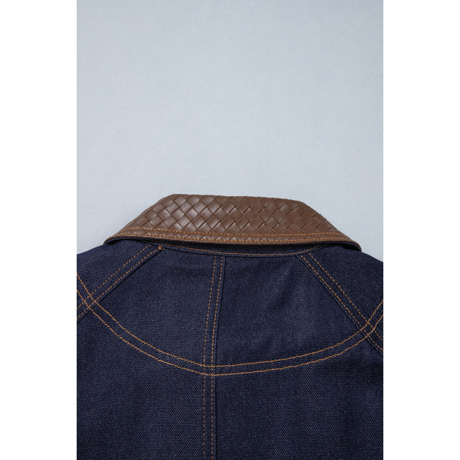Navy Blue Contrast Collar Stitched Detail Button Denim Jacket Outerwear/Denim jackets