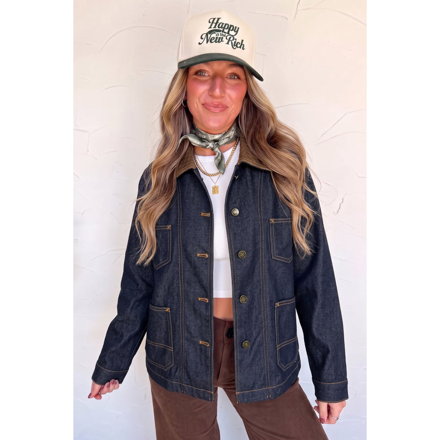 Navy Blue Contrast Collar Stitched Detail Button Denim Jacket Outerwear/Denim jackets