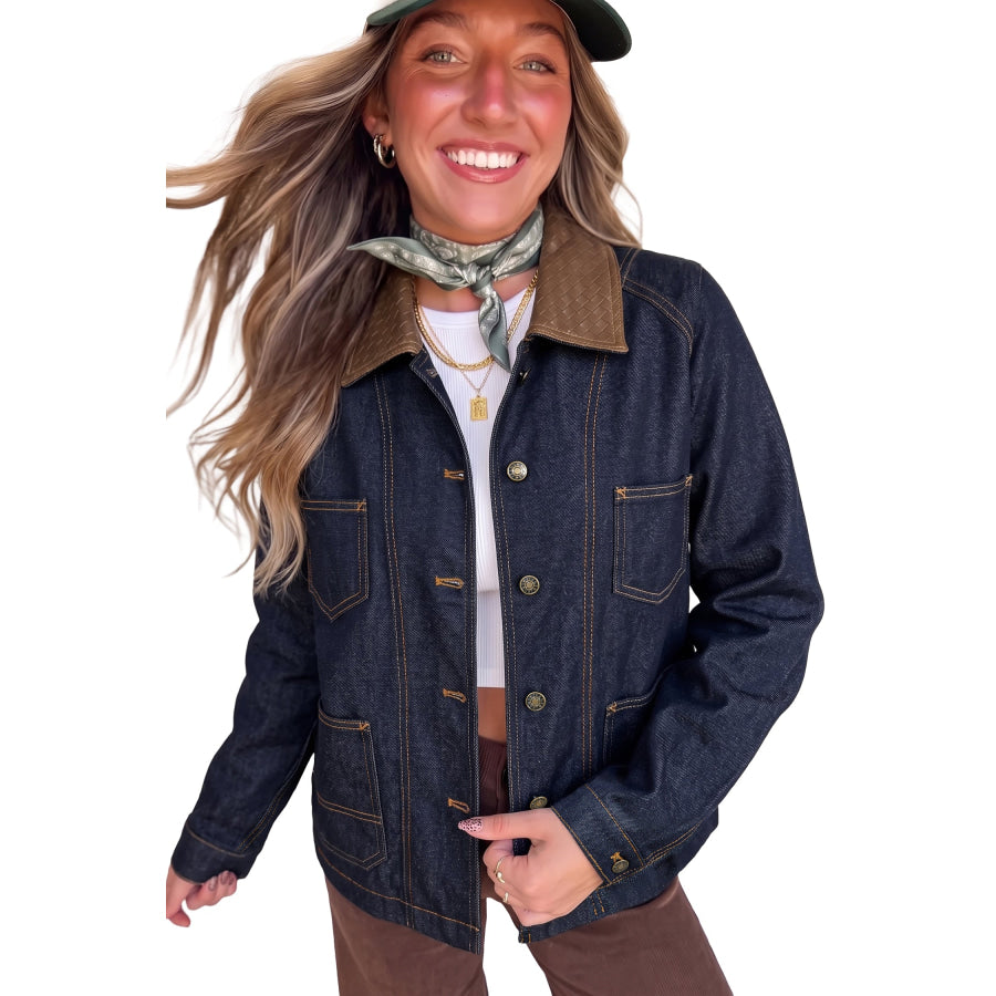 Navy Blue Contrast Collar Stitched Detail Button Denim Jacket Outerwear/Denim jackets