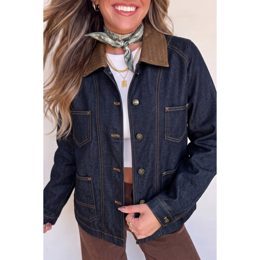 Navy Blue Contrast Collar Stitched Detail Button Denim Jacket Outerwear/Denim jackets