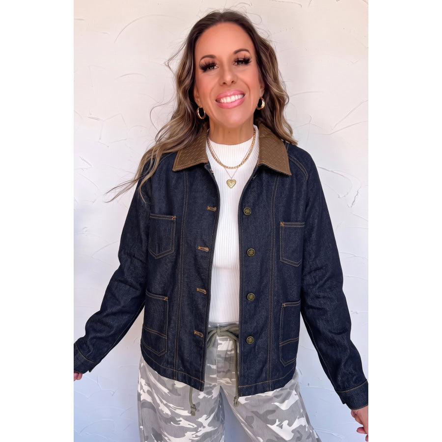 Navy Blue Contrast Collar Stitched Detail Button Denim Jacket Outerwear/Denim jackets