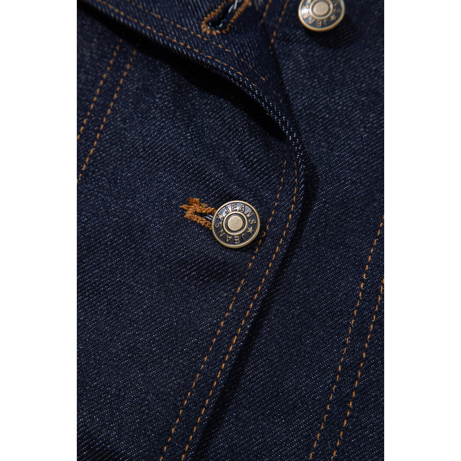 Navy Blue Contrast Collar Stitched Detail Button Denim Jacket Outerwear/Denim jackets