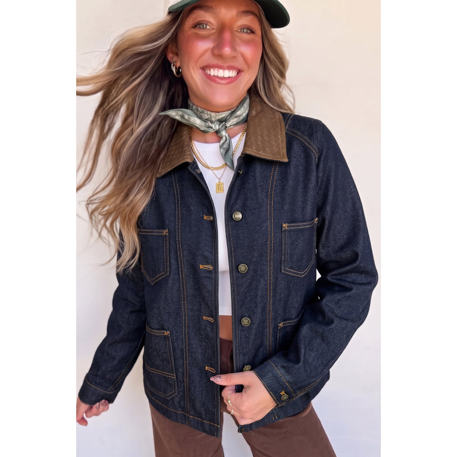 Navy Blue Contrast Collar Stitched Detail Button Denim Jacket Outerwear/Denim jackets