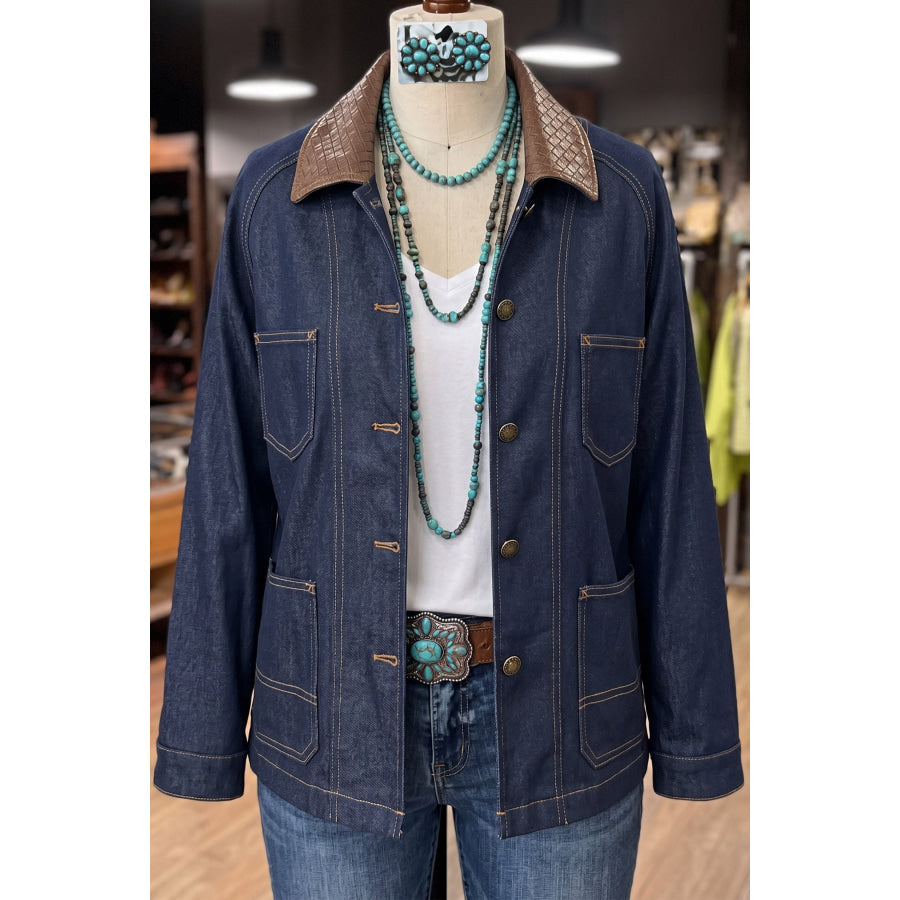 Navy Blue Contrast Collar Stitched Detail Button Denim Jacket Outerwear/Denim jackets