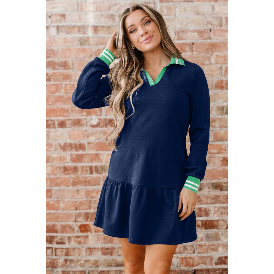 Navy Blue Contrast Striped Cuffs Polo Collar Patchwork Long Sleeve Ruffle Hem Mini Dress Dresses/Mini Dresses