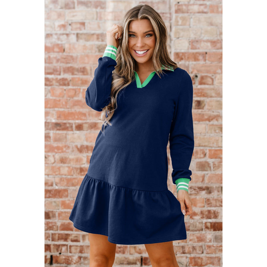 Navy Blue Contrast Striped Cuffs Polo Collar Patchwork Long Sleeve Ruffle Hem Mini Dress Dresses/Mini Dresses
