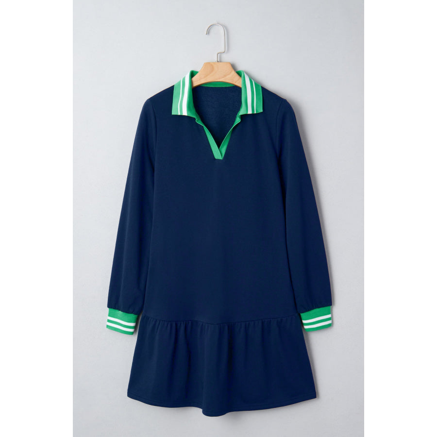 Navy Blue Contrast Striped Cuffs Polo Collar Patchwork Long Sleeve Ruffle Hem Mini Dress Dresses/Mini Dresses