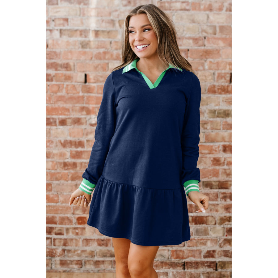 Navy Blue Contrast Striped Cuffs Polo Collar Patchwork Long Sleeve Ruffle Hem Mini Dress Navy Blue / S / 65% Polyester + 35% Cotton