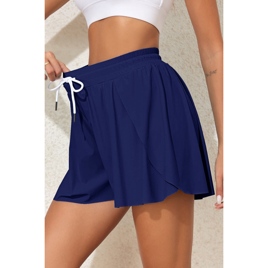Navy Blue Drawstring Elastic Waist Lined Ruffle Shorts Bikini Bottom Swimwear/Swim Bottoms