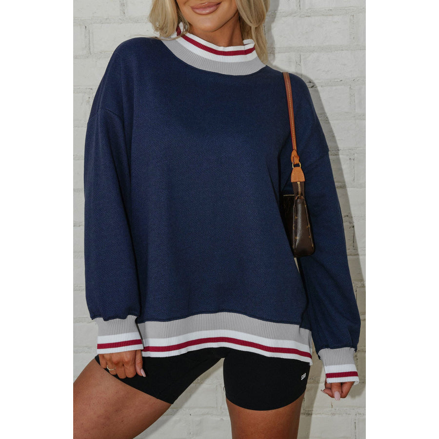 Navy Blue Ribbed Stand Neck Long Sleeve Loose Fit Sweatshirt / S / 65% Polyester + 35% Cotton Tops/Sweatshirts & Hoodies