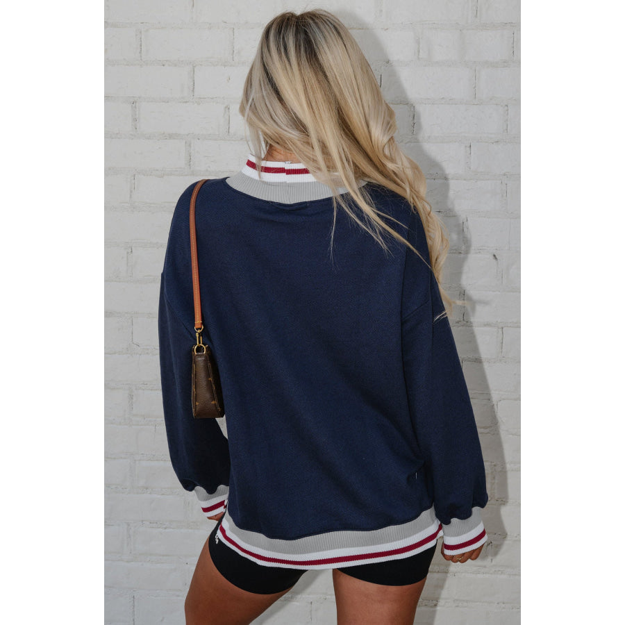 Navy Blue Ribbed Stand Neck Long Sleeve Loose Fit Sweatshirt Tops/Sweatshirts & Hoodies