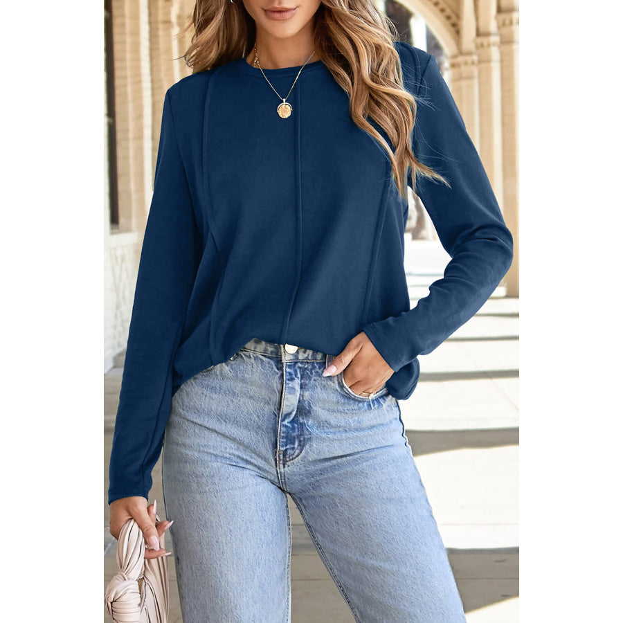 Navy Blue Solid Exposed Seam Crew Neck Long Sleeve Top Navy Blue / S / 85% Polyester + 10% Cotton + 5% Elastane Tops/Long Sleeve Tops