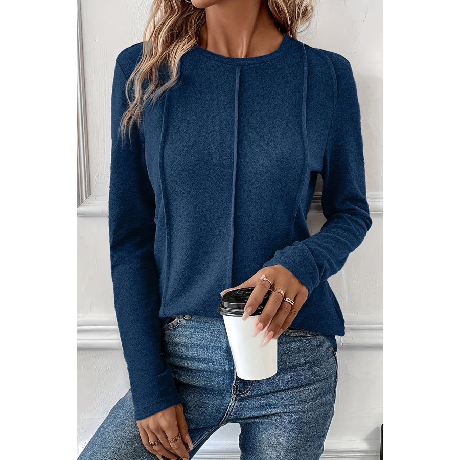 Navy Blue Solid Exposed Seam Crew Neck Long Sleeve Top Tops/Long Sleeve Tops