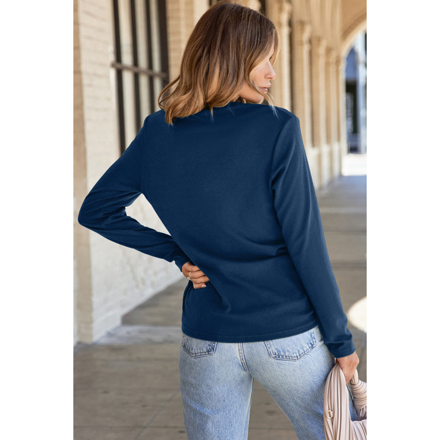 Navy Blue Solid Exposed Seam Crew Neck Long Sleeve Top Tops/Long Sleeve Tops