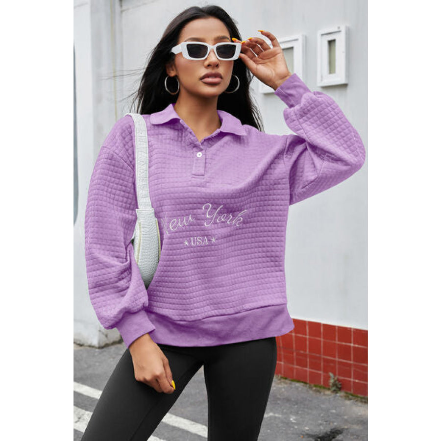 NEW YORK USA Quarter Button Dropped Shoulder Sweatshirt Lavender / XS Apparel and Accessories