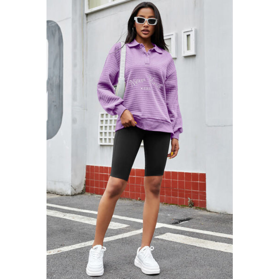 NEW YORK USA Quarter Button Dropped Shoulder Sweatshirt Apparel and Accessories