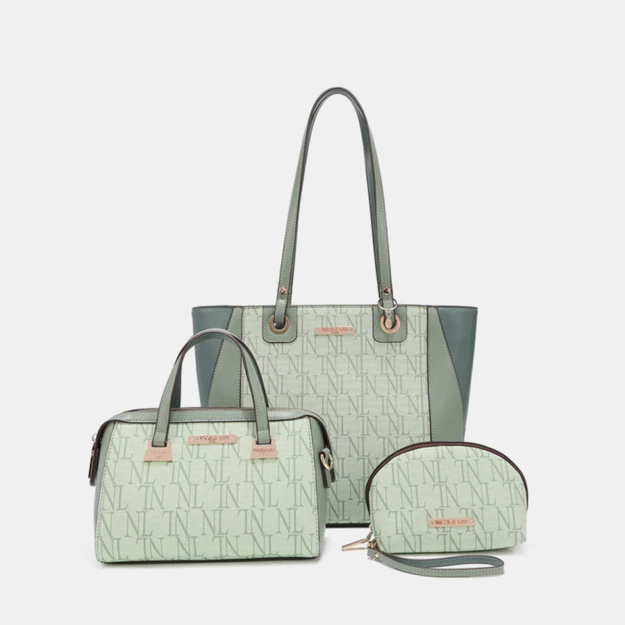Nicole Lee USA 3 - Piece Letter Print Texture Handbag Set SAGE / One Size Apparel and Accessories
