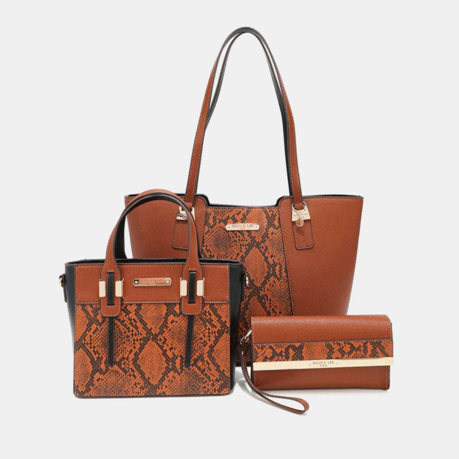 Nicole Lee USA 3 - Piece Snake Print Handbag Set BROWN / One Size Apparel and Accessories
