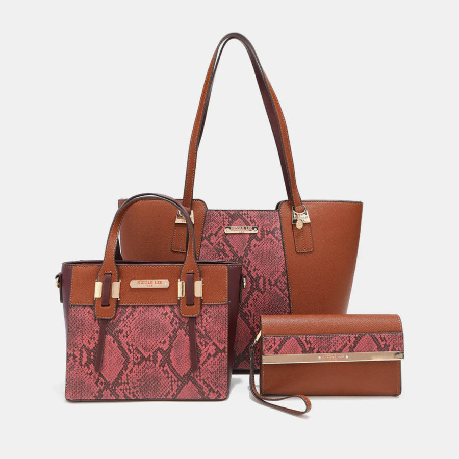 Nicole Lee USA 3 - Piece Snake Print Handbag Set MAUVE / One Size Apparel and Accessories