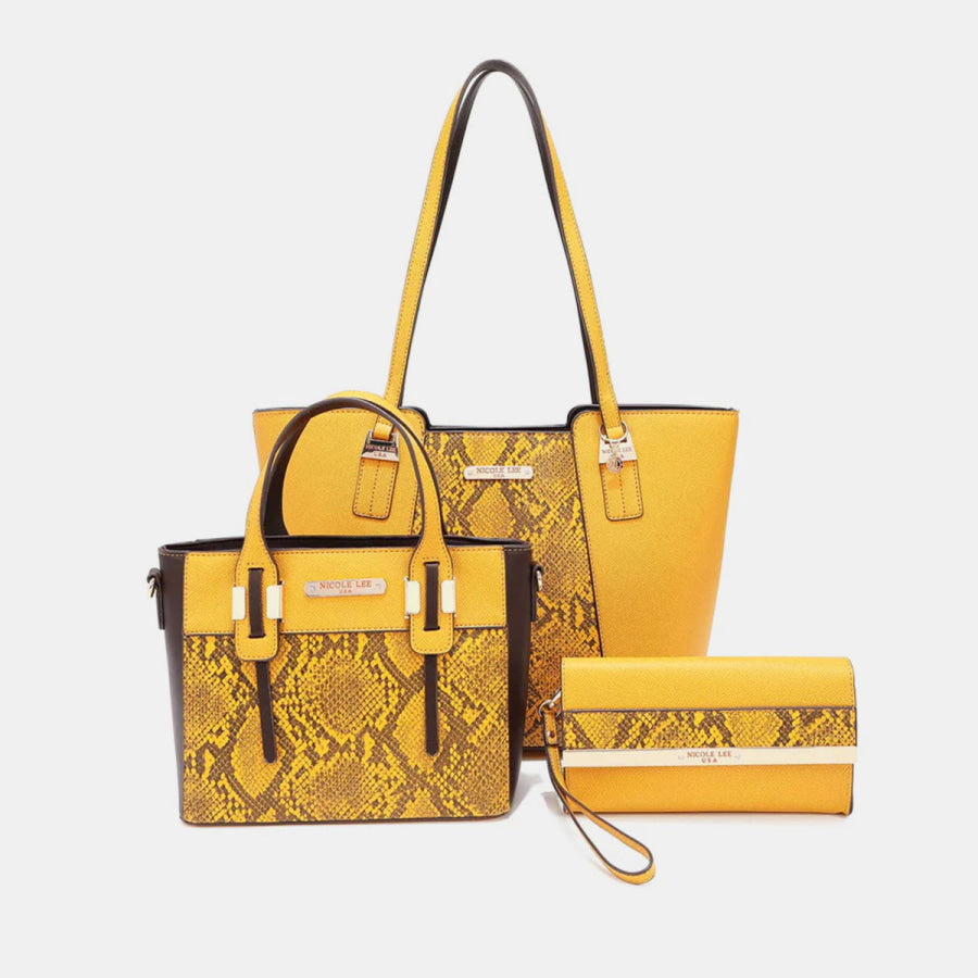Nicole Lee USA 3 - Piece Snake Print Handbag Set MUSTARD / One Size Apparel and Accessories