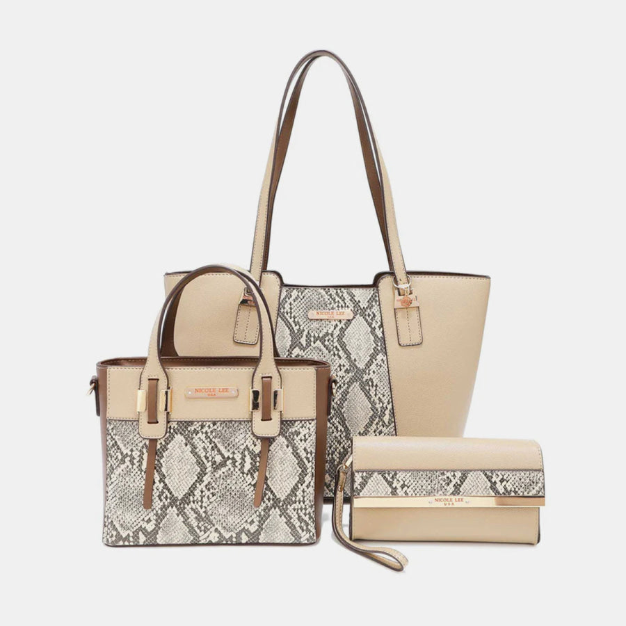 Nicole Lee USA 3 - Piece Snake Print Handbag Set NATURAL / One Size Apparel and Accessories