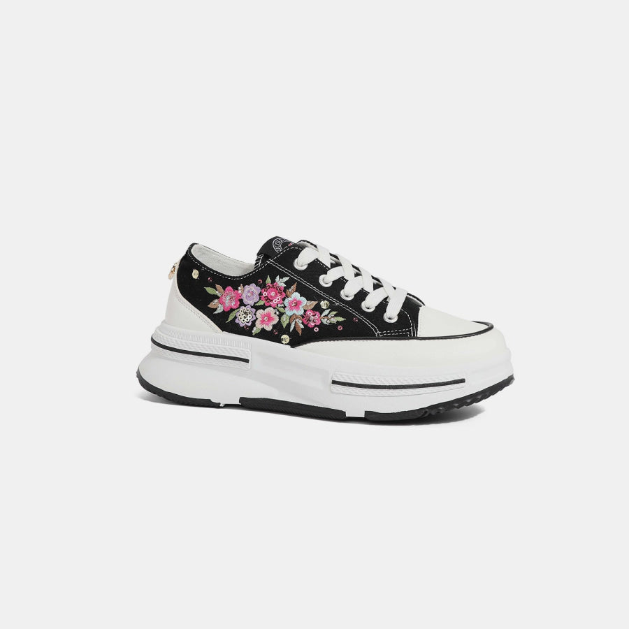 Nicole Lee USA Embroidery Detail Platform Lace-Up Sneakers Black / 6 Apparel and Accessories