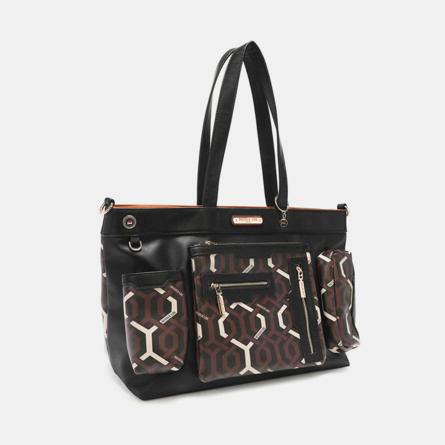 Nicole Lee USA Geometric Pattern Large Handbag Brown / One Size Apparel and Accessories