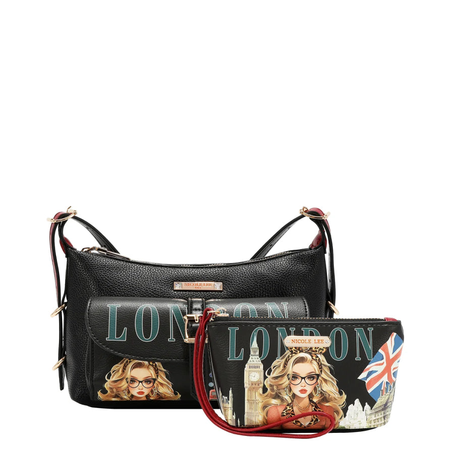 NICOLE LEE USA LONDON EYE 5 PC CONVERTIBLE BAG / BACKPACK SET (LARGE CONVERTIBLE BAG / BACKPACK CROSSBODY POUCH COINPURSE WALLET) Handbags
