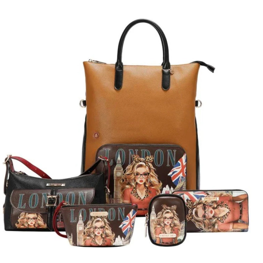 NICOLE LEE USA LONDON EYE 5 PC CONVERTIBLE BAG / BACKPACK SET (LARGE CONVERTIBLE BAG / BACKPACK CROSSBODY POUCH COINPURSE WALLET) Handbags