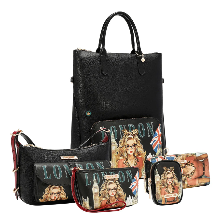 NICOLE LEE USA LONDON EYE 5 PC CONVERTIBLE BAG / BACKPACK SET (LARGE CONVERTIBLE BAG / BACKPACK CROSSBODY POUCH COINPURSE WALLET) Handbags