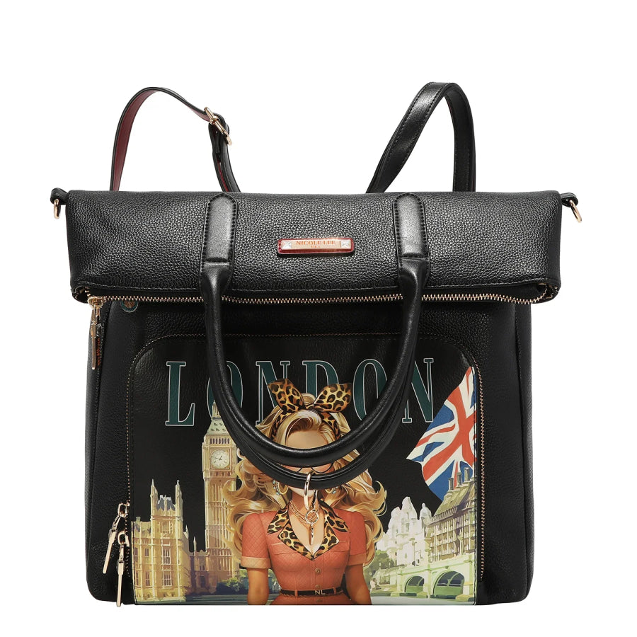 NICOLE LEE USA LONDON EYE 5 PC CONVERTIBLE BAG / BACKPACK SET (LARGE CONVERTIBLE BAG / BACKPACK CROSSBODY POUCH COINPURSE WALLET) Handbags