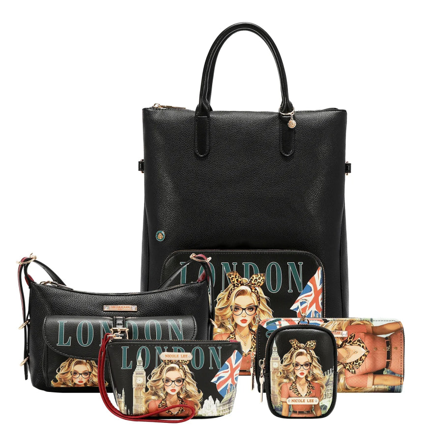 NICOLE LEE USA LONDON EYE 5 PC CONVERTIBLE BAG / BACKPACK SET (LARGE CONVERTIBLE BAG / BACKPACK CROSSBODY POUCH COINPURSE WALLET) Handbags