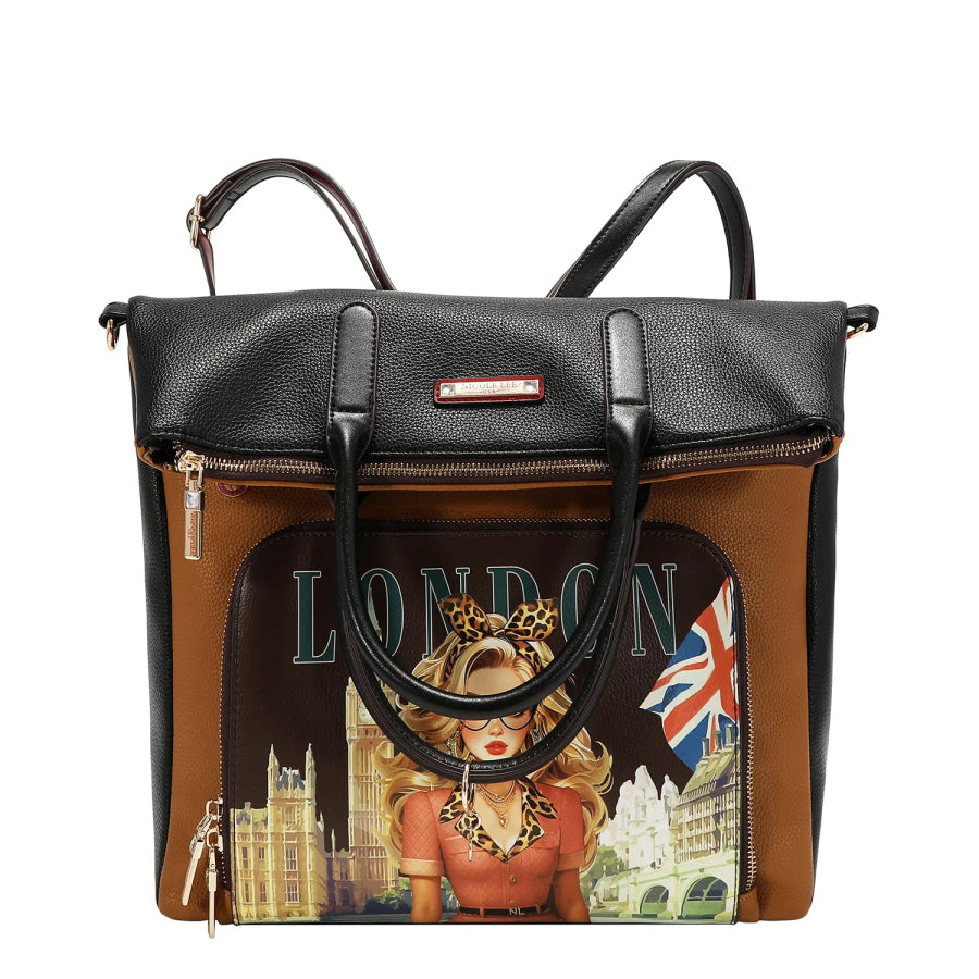 NICOLE LEE USA LONDON EYE 5 PC CONVERTIBLE BAG / BACKPACK SET (LARGE CONVERTIBLE BAG / BACKPACK CROSSBODY POUCH COINPURSE WALLET) Handbags