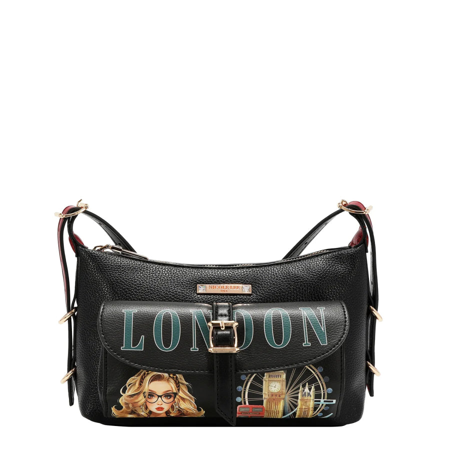 NICOLE LEE USA LONDON EYE 5 PC CONVERTIBLE BAG / BACKPACK SET (LARGE CONVERTIBLE BAG / BACKPACK CROSSBODY POUCH COINPURSE WALLET) Handbags